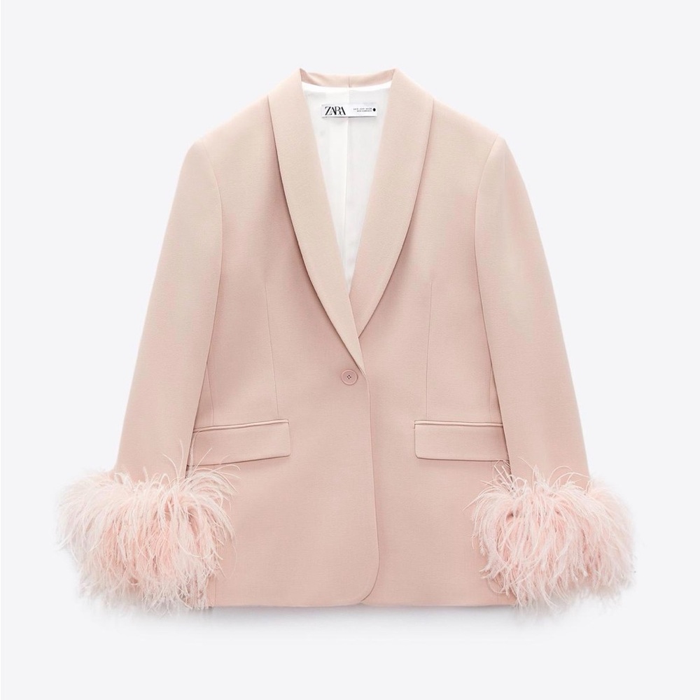 ZARA Straight Cut Feather Blazer Pink Size S Pre Owned